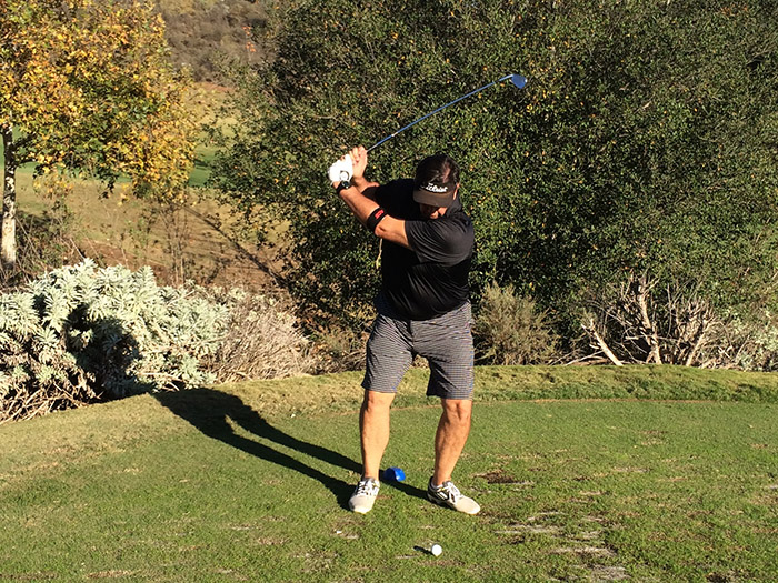 Frank L. takes dead aim on the 165-yard 17th.