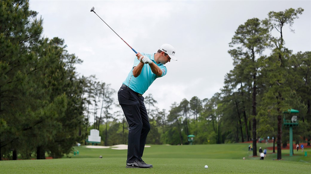 Corey Conners tees off during a practice round on Tuesday at the 2019 Masters
