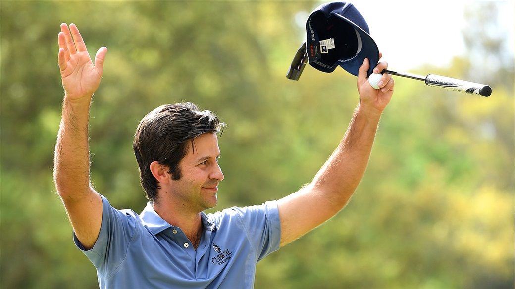 Titleist Pro V1 player Jorge Campillo raises his arms in victory at the 2019 Trophee Hassan II in Morocco 