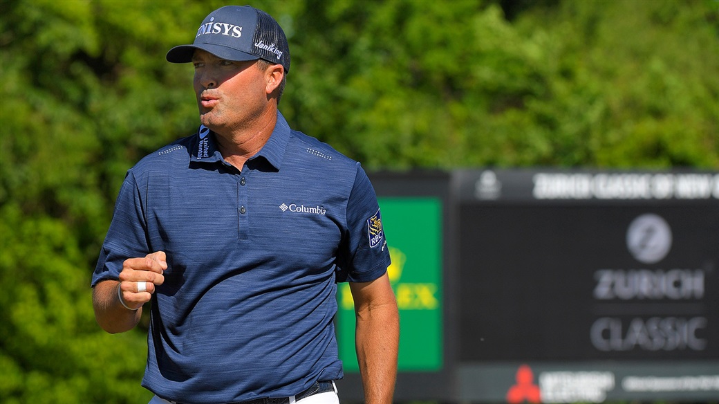 Titleist Pro V1x layer Ryan Palmer celebrates after sinking key putt in victory at 2019 Zurich Classic of New Orleans