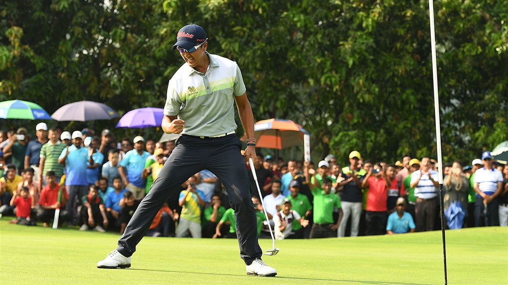   Titleist Brand Ambassador Sadom Kaewanjana celebrates after holing the final putt to win the the 2019 Bangabandhu Golf Cup Open
